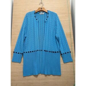 San Remo Vintage Blue Pointelle Knit Open Front Cardigan Black Ribbon Trim Large